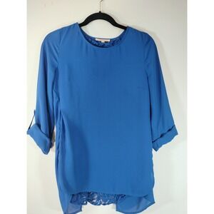 Gibson Latimer Blue Lace Back Roll Tab Sleeve Blouse Small
